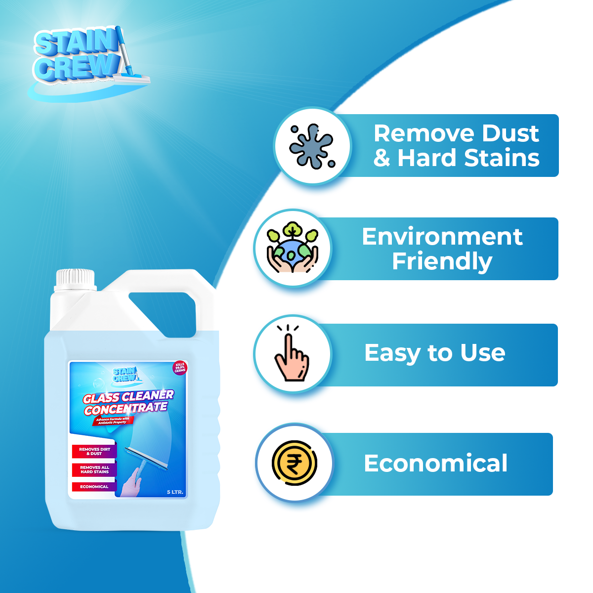 Stain Crew Glass Cleaner Concentrate with Anti-Static Property | Refill Jar 5Ltr (Lavender) | Make 50L Solution | Non-Toxic