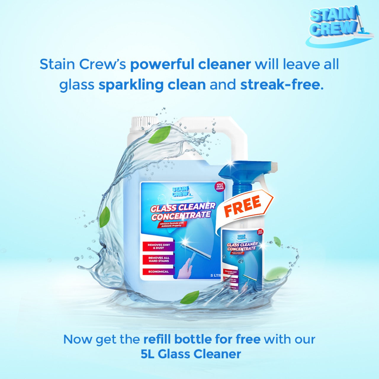 Stain Crew Glass Cleaner Concentrate with Anti-Static Property | Refill Jar 5Ltr (Lavender) | Make 50L Solution | Non-Toxic