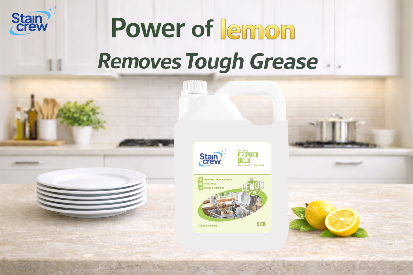 Stain Crew Dishwash Liquid | Non-Toxic | Ph Balanced | LABSA Free | Eco-Friendly | with 2X Foaming