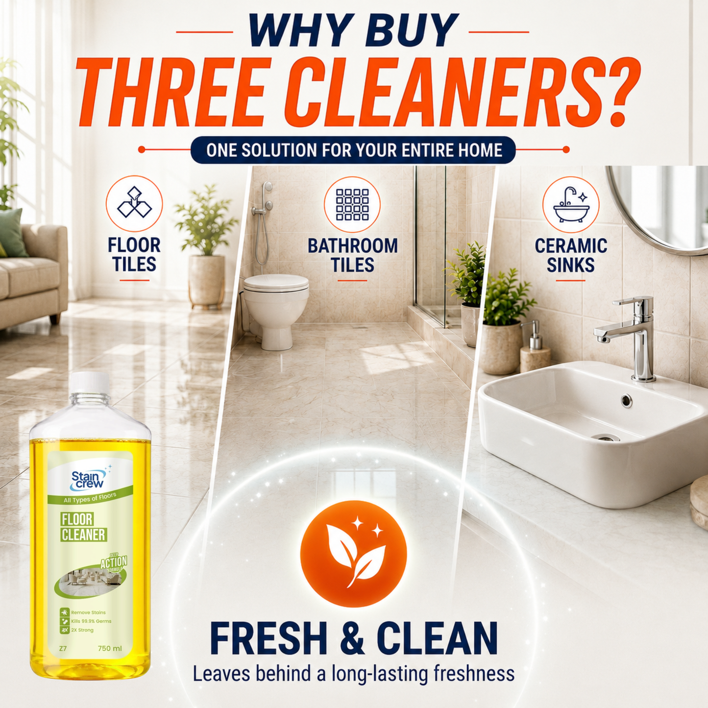 Stain Crew Floor Cleaner | Multi-Surface Disinfectant | Kills 99.9% Germs | Removes Tough Stains | Advanced Deep Action Formula for Tiles, Marble & Kitchen Surfaces