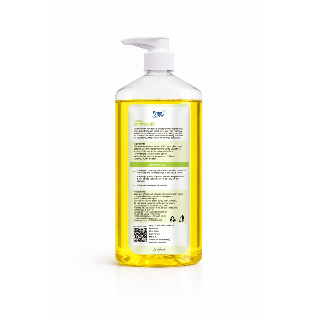 Stain Crew Dishwash Liquid | Non-Toxic | Ph Balanced | LABSA Free | Eco-Friendly | with 2X Foaming